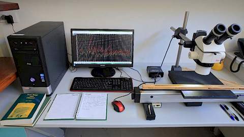 Stol Lintab 6 i stereolupa Leica M50 za mjerenje godova i analiziranje uzoraka drva s pomoću TSAP-Win programskog paketa